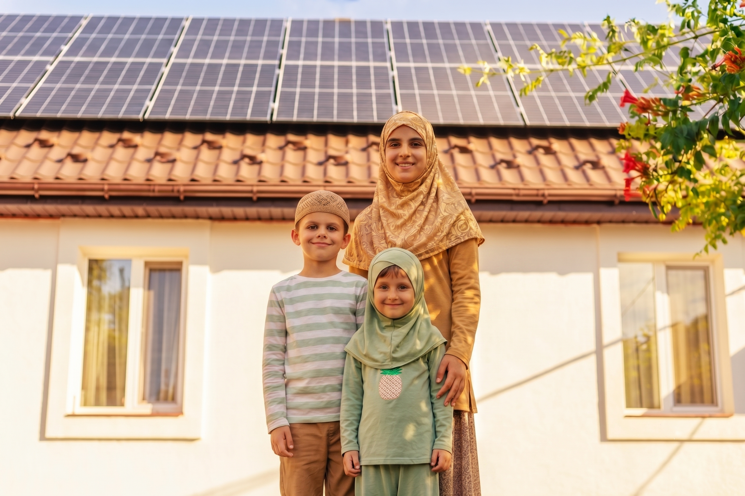Family standing in front of their solar-powered home