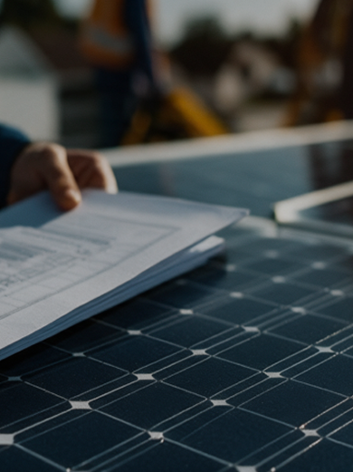Rooftop solar homes under a bright sky